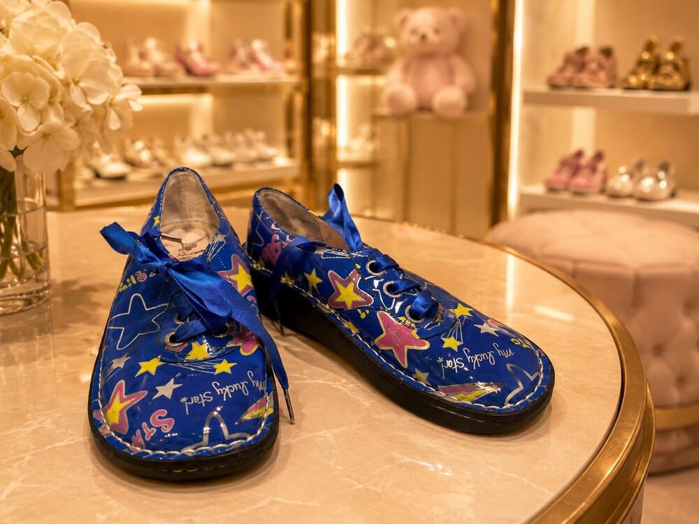 Alegria Kids Mary Jane Shoes Blue Star Print Ribbon Lace Size 13 Whimsical Fun